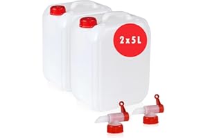 ‎HÖFER CHEMIE Höfer Chemie Wasserkanister Set Weiß - BPA-frei & Lebensmittelecht - Ideales Camping Zubehör für Flüssigkeiten - Mit Ablasshahn & Schraubverschluss