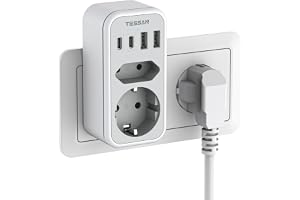 TESSAN Dubbelkontakt för Uttag, 6 i 1 Uttagsadapter med 2 USB C och 2 USB A