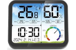 VOCOO Termometro digitale per interni – 5,8 pollici,display extra grande,misuratore di umidità accurato,termometro per ambiente con calibrazione,registrazioni max-Min,comfort,controluce,data (Black)