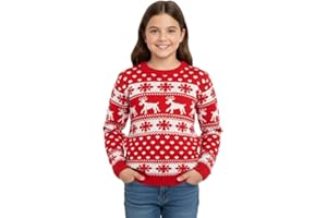 FASHION I LOVE New Unisex Ladies Men Kids Christmas Jumper Reindeer Snowflakes Knitted Xmas Long Sweater Top Reindeer Snowflake Print Jumper for Women UK Novelty Pullover Sweater Girls Christmas Tops