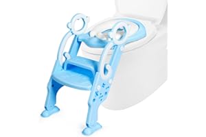 COSTWAY Scaletta Gradini Vasi Riduttore WC per Bambini, Sedile Imbottito, Gradini Antiscivolo con Maniglia, per 1-8 Anni (Blu)