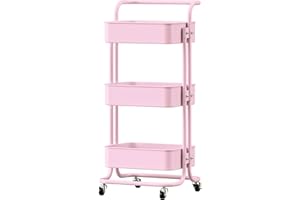 FUREINSTORE Carrito Auxiliar con Ruedas, Carro Organizador Metalico 3 Niveles Multiuso para Cocina, Baño, Dormitorio, Oficina, Fácil de Mover y Montar (Rosa)
