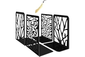 Iycnkok Sujetalibros Sujeta Libros Estantería de Metal, Marcapáginas Incluido, Apoya Soporte Libros Diseño de Hoja y Pájaro, para Infantil, Oficina, Escuelas, Decoración de Escritorio, 2 Pares Negro