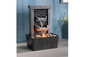 GOSSI 10.3 in Indoor Waterfall Fountain Relaxation High Pressure Water Pumps Tabletop Fountain Nature Feeling Water Fountains with Reflective Lighting/River Rocks Home/Office Decoration