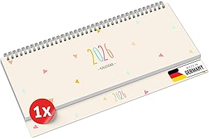‎PRIMUS-PRINT.DE PRIMUS PRINT Tischkalender 2026 Quer Wochenkalender – 112 Seiten Terminkalender und Jahreskalender – 297x130mm – 75g Naturpapier, Drahtkammbindung, Feiertage und Schulferien - [Einzeln - Herz]