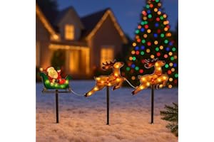 MARCO PAUL INTERIORS Garden Mile Christmas Santa Sleigh & Reindeer Lights Battery Operated Outdoor Decoration with Auto Timer Light Up Garden Stake Lights with Warm White LEDs Festive Xmas Display
