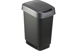 Rotho Twist Mülleimer 10l mit Deckel, Kunststoff (PP) BPA-frei, schwarz/silber, 10l (24.8 x 18.1 x 33.0 cm)