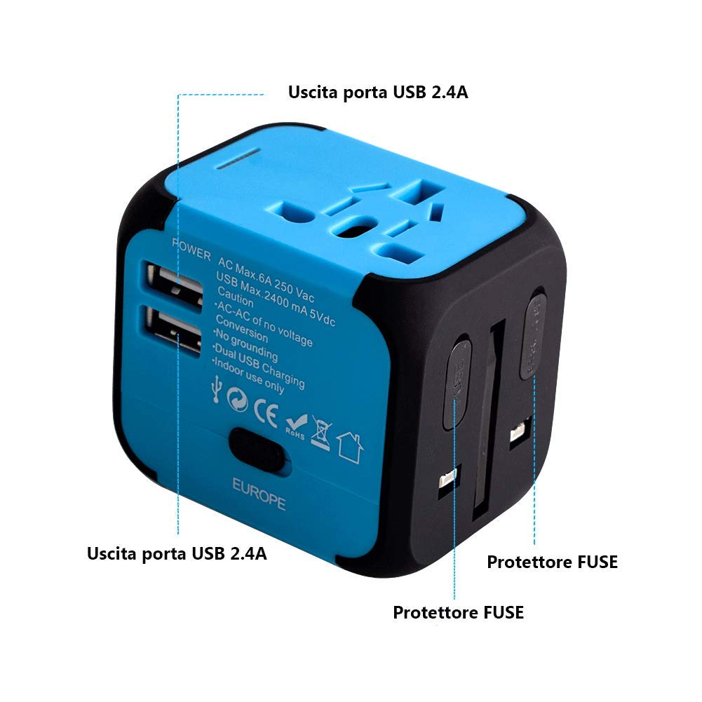 Adattatore da Viaggio con 2 USB 3.0 (US/EU/UK/AU) Adattatore Universale da Viaggio con due fusibile (fusibile di… - immagine 5