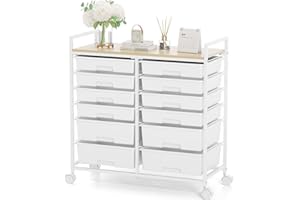 KINGRACK Rollcontainer mit 12 Schubladen und Holzarbeitsplatte, Schubladenschrank für Badezimmer, Küchen, Wohnzimmer und Büros (weiß)