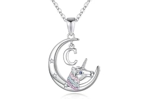 TINGN Unicornio Regalos para Niñas Collar, Chapado en Oro Blanco de 14 Quilates Crescent Moon Colgante Unicornio Collares Colorido CZ Unicornio Collar Joyas Unicornio Regalos para niñas Mujeres