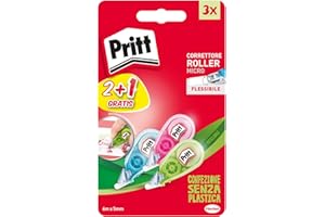 Pritt Micro Roller, Correttore per correggere ogni errore, Bianchetto a nastro antimacchia mini, Cancellino a nastro dal design colorato in blu, verde e rosa, Confezione da 3 (5mmx6m)