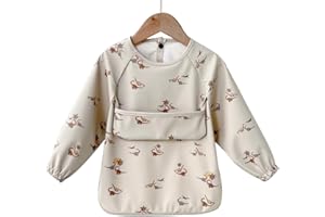Alimos Long Sleeved Baby Bib 12-36 Months - Reversible Front Pocket for Baby Led Weaning - Waterproof & Easy to Clean - Ideal for Messy Mealtime - Cute & Practical Baby Feeding Bib