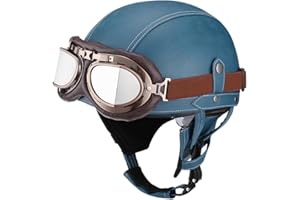 BDTOT Retro Motorrad Halbhelme Leder Halbhelm Deutscher Stil Roller Cruiser Chopper Anti-Collision Helm Abnehmbarer Gehörschutz mit Visier ECE Zertifiziert Roller-Helm Scooter Mofa-Helm, XL=61~62cm