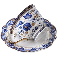 fanquare Blau Blume Fine Bone China Teetasse Set, Vintage Porzellan Kaffeetasse und Untertasse, 200ml
