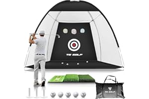 TS GOLF - Golf Practice Net - Indoor & outdoor 10x7ft - XL Tri-Turf Golf driving net and Mat, 5 Balls, 3 Rubber Tees, Carry Bag, Chipping net, golf nets for backyard driving