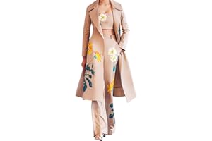 aromm Women's 3pcs Long Patterned Outfits Elegant Long Sleeve Overcoat Wrapped Crop Top Bell Flare Trousers Suits Set