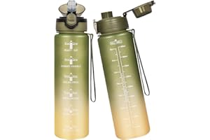 Seekua Sport Tritan Trinkflasche 1l mit Strohhalm & Zeitmarkierung, Große Wasserflasche mit Uhrzeit, Kohlensäure Geeignet Sportflasche für Fahrrad, Fitness, Gym, 2 Deckel, 1 liter