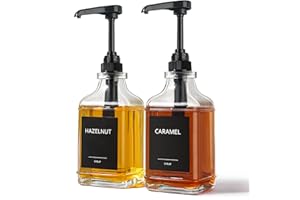 gmisun Syrup Dispenser, 2 Pack 17 Fl oz / 500 ml Square Glass Coffee Syrup Dispenser with Large Capacity Syrup Pump and 36pcs Label Stickers, Modern Coffee Station Accessories for Cafe Bar & Kitchen