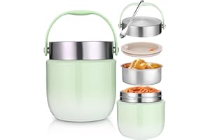 IXYDOR Recipiente térmico para alimentos, 1200 ml, cuenco térmico con tapa, recipiente para calentar de acero inoxidable con cuchara plegable, fiambrera térmica para niños y adultos para guardar sopas