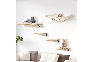 Sofoteaful Ensemble mural d'escalade pour chat avec hamac, escalier mural, 5 pièces en bois massif pour chat beige