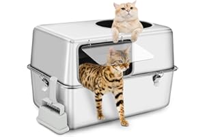 Bartuke Lettiera per gatti in acciaio inox , lettiera gatto chiusa in metallo con bordi alti, con paletta, antiaderente, antiodore, facile da pulire