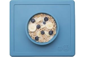 ezpz Happy Bowl (Blue) - 100% Silicone Suction Bowl with Built-in Placemat for Toddlers + Preschoolers – Dishwasher Safe