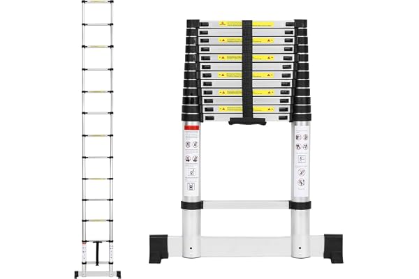 Eikuavons Teleskopstege, 5 m utdragbar stege i aluminium med stabilisator, belastning 150 kg, halkfri aluminiumstege, stående stege, multifunktionsstege för vind, kontor, husbil, klättring