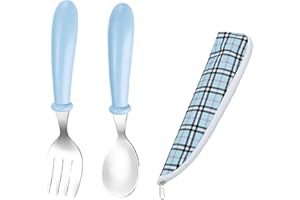 DHWEKU Lot de Couverts enfants en inox 1 Pièce: 1x Fourchettes, 1x Cuillères, Set Couvert bebe en Poignée Ronde pour Garçons Filles Maison l'école Utilisation (Bleu)