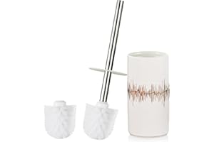 GERUIKE Scopino WC Ceramica con Porta Scopino per WC da Terra Senza Foratura Scopino Bagno WC Contiene 2 Testina per Scopino Bianco e Portascopino in Ceramica Grigia Opaco