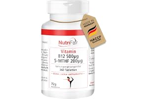 Vitamin B12 500μg 5-MTHF 200μg - 360 tabletter - metylkobalamin - aktiv folsyra - högdos - 100% vegan - tysk produktion och laboratorietestning - NutriFair
