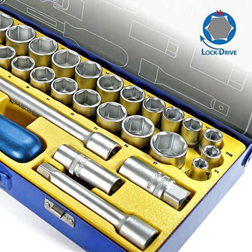 S&R Steckschlüsselsatz Knarrenkasten 39-tlg. 1/2″ LOCK-DRIVE Profil, Werkzeugset Werkzeugkasten 1/2 Zoll in Metallbox, Ratschenkasten Industrie Qualität - 3
