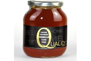 QUALITY ROASTERS COFFEES Miel d'abeille pur 100%. Miel brut. 1 Kg. Produit en Espagne. Non pasteurisé et non chauffé. Artisan de haute qualité. Bocal en verre. Grande variété de saveurs exquises. (Thym)