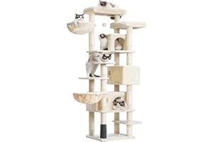 Hey-brother Arbre à Chat XXL, Arbre pour Chats Multi-Niveaux de 188 cm de Haut, équipé de 2 Grandes Plateformes, 3 Trous, 2 Paniers, des Colonnes de Sisal pour Griffer, Beige 0EMPJ035-MM