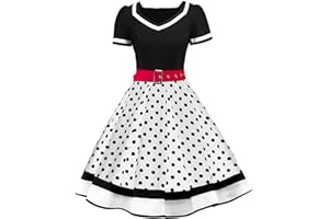 AXOE Damen Gepunktet Rockabilly Vintage Kleid mit Gürtel Partykleid