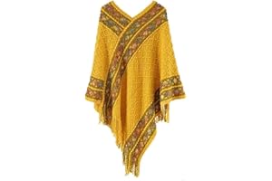 GuYaNa Châle à pompon de pull rétro pour femmes, Poncho à rayures ethniques Vintage en tricot pour femmes, châle de cape à franges à rayures supérieures