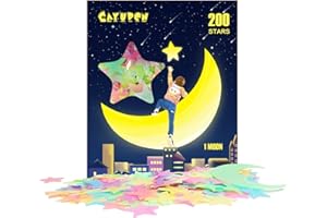 Świecące w ciemności, CAYUDEN 201szt Kolorowe świecące gwiazdy 3D i księżyc Naklejka ścienna dla dzieci Sufit Sypialnia Gwiazdy Naklejki Wystrój pokoju do pokoju dziecka, pokoju dziecięcego