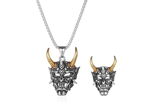 JKJF 2 Pcs Devil Mask Pendant Necklace Rings Set Mask Skull Necklace Evil Demon Ghost Horn Skull Pendant Necklace Goth Punk Rock Hip Hop Necklace for Men Boys - Gold