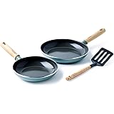 GreenPan Mayflower Set di Padelle in Ceramica Antiaderente 3 Pezzi 20 cm e 24 cm e Spatola, Manico in Legno Vintage, Senza PF