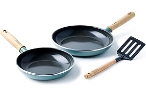 GreenPan Mayflower Poêle à Frire Antiadhésive en Céramique Saine 3 Pièces 20 cm & 24 cm et Spatule Fendue, Poignée en Bois Vintage, Sans PFAS, Induction, Smoky Blue