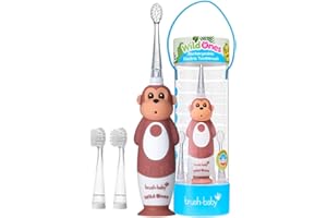 Brush-Baby - Rechargeable Electric Toothbrush for Kids, 0-10 Years - WildOnes, Monkey Design with Flashing Lights - DeepClean Bristles for Superior Clean - 2X Replacement Heads, 1x USB Cable