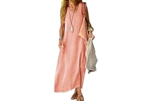 Juketron Vestidos de Verano 2024 para Mujer, Vestido Largo sin Mangas con Cuello en V, Vestidos de Playa de Color sólido, Vestido Informal Suelto de Lino y algodón