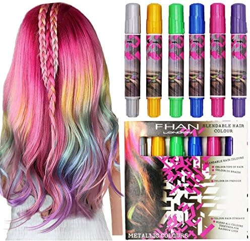 6 Sticks Hair Chalk Pens, Metallic Glitter Temporary Hair Dye Pastel, Highlight Streaks, Edge Chalks, Non-Toxic, Color No Mess for All Hair