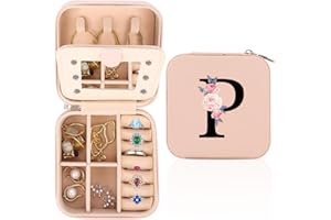FIDWALL Podróżna szkatułka na biżuterię, do przechowywania biżuterii, spersonalizowana szkatułka na biżuterię od A do Z, mały organizer na biżuterię z lustrem, prezent na urodziny kobiet, prezent na