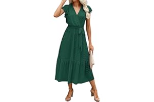 Adigaber Damen Bohemian Tunika Kleid Wickelkleid Sommerkleider Vintage Strandtunika V-Ausschnitt Rüschen Kurzarm Fließend Maxikleid mit Gürtel