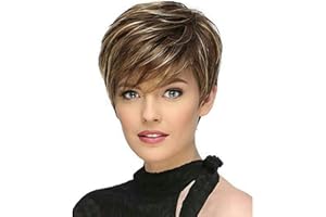 AIYLMZ Parrucca sintetica corta marrone mista bionda parrucchino per donne bianche Marrone misto colore dorato Capelli frangiati obliqui Resistenti al calore Parrucche a rete rosa moda