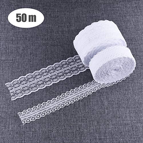 Erlliyeu 50 Metri Vintage Bordo in Pizzo 4,5 cm di Larghezza, Bordo in Pizzo, Nastro in Pizzo, Nastro in Pizzo, Bianco Beige Vintage Set Totale 2 Rotoli per Matrimonio, Festa, Pasqua, Natale