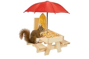 JETAINE Squirrel Feeder Picnic Table with Umbrella and Corn Cob Holder, New Premium Gift for Squirrel and Chipmunk Lovers, Outdoor Garden Ornaments for Chipmunk Wildlife Bird Animal Bench Feeder