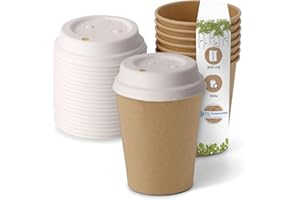 BIOZOYG 100 sztuk jednorazowych kubków do kompostowania ekologicznych wraz z tekturową pokrywką, jednorazowe kubki do napojów, jednorazowe kubki papierowe, do kawy na wynos, brązowe, niewybielane, 200