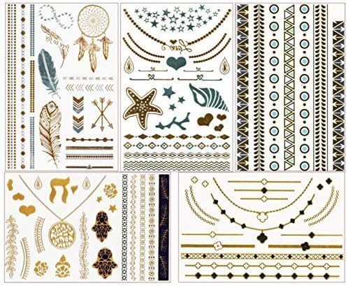 ChicTats Temporary Flash Tattoos - Metallic Gold & Silver 5-Sheet Pack - Bling Body Art & Jewellery for Women & Girls - Waterproof Fashionable Body Makeup Stickers Tatts