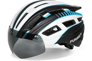 FUNWICT Casco Bicicleta Hombre Casco MTB con Gafas Magnéticas Extraíbles y Forro Interior Casco Bicicleta con Luz Trasera LED para Ciclismo 57-61 CM